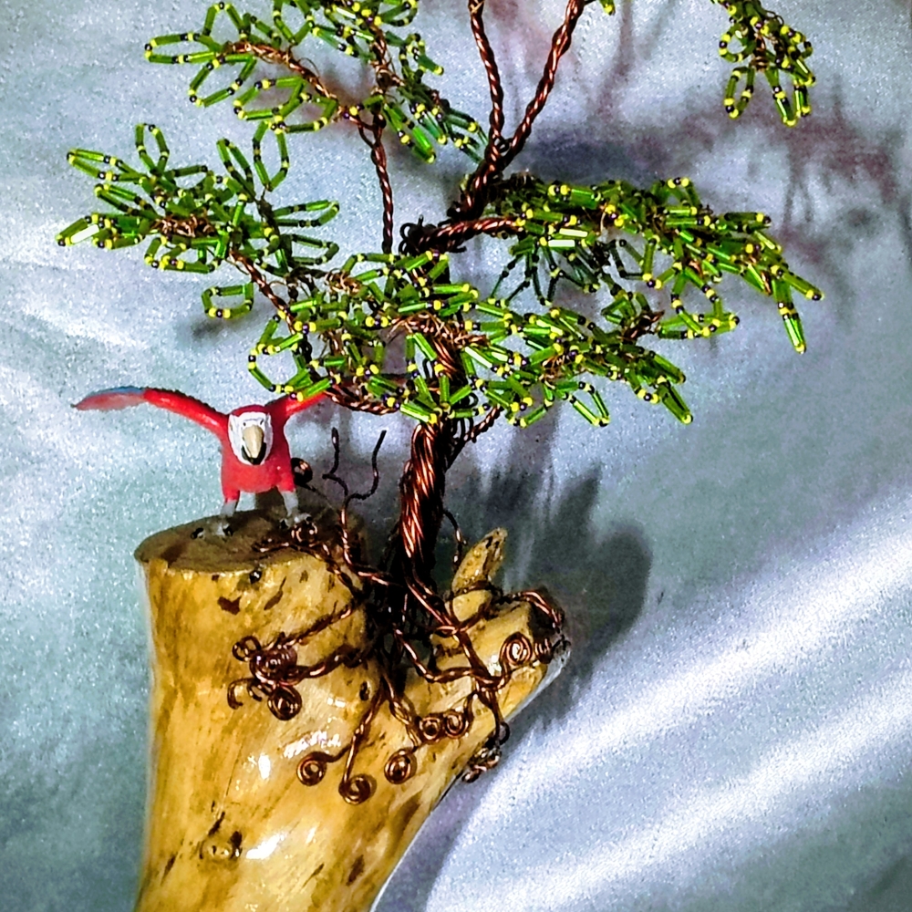 Handcrafted Beaded Tree Sculpture with Natural Wood Base